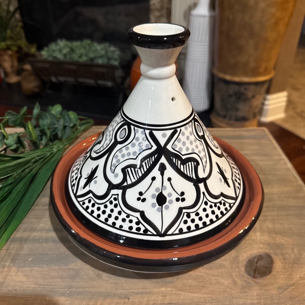Moroccan Serving Tangine w/ Lid Handmade Hand Crafted Black White Gray 9" x 8"